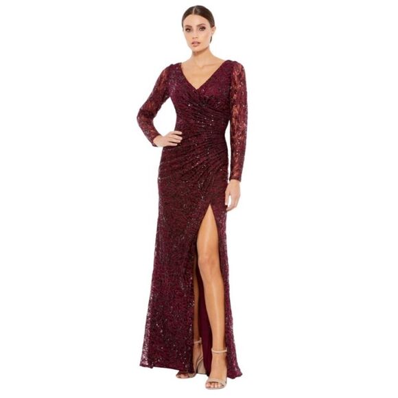MAC DUGGAL Long Sleeve Sequined Lace Ruched Gown Garnet size 16 NWT - Picture 1 of 13